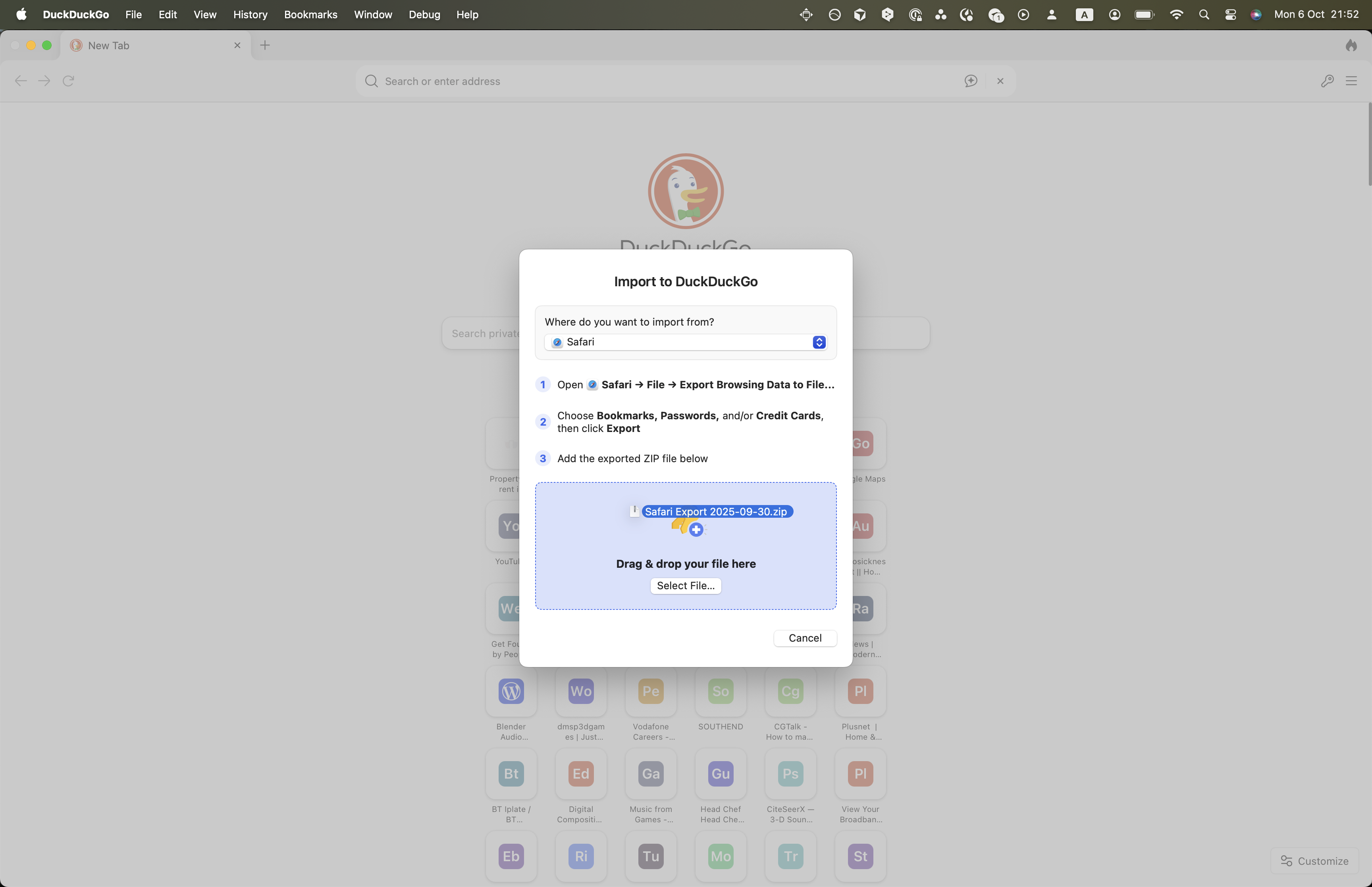 DuckDuckGo import on macOS