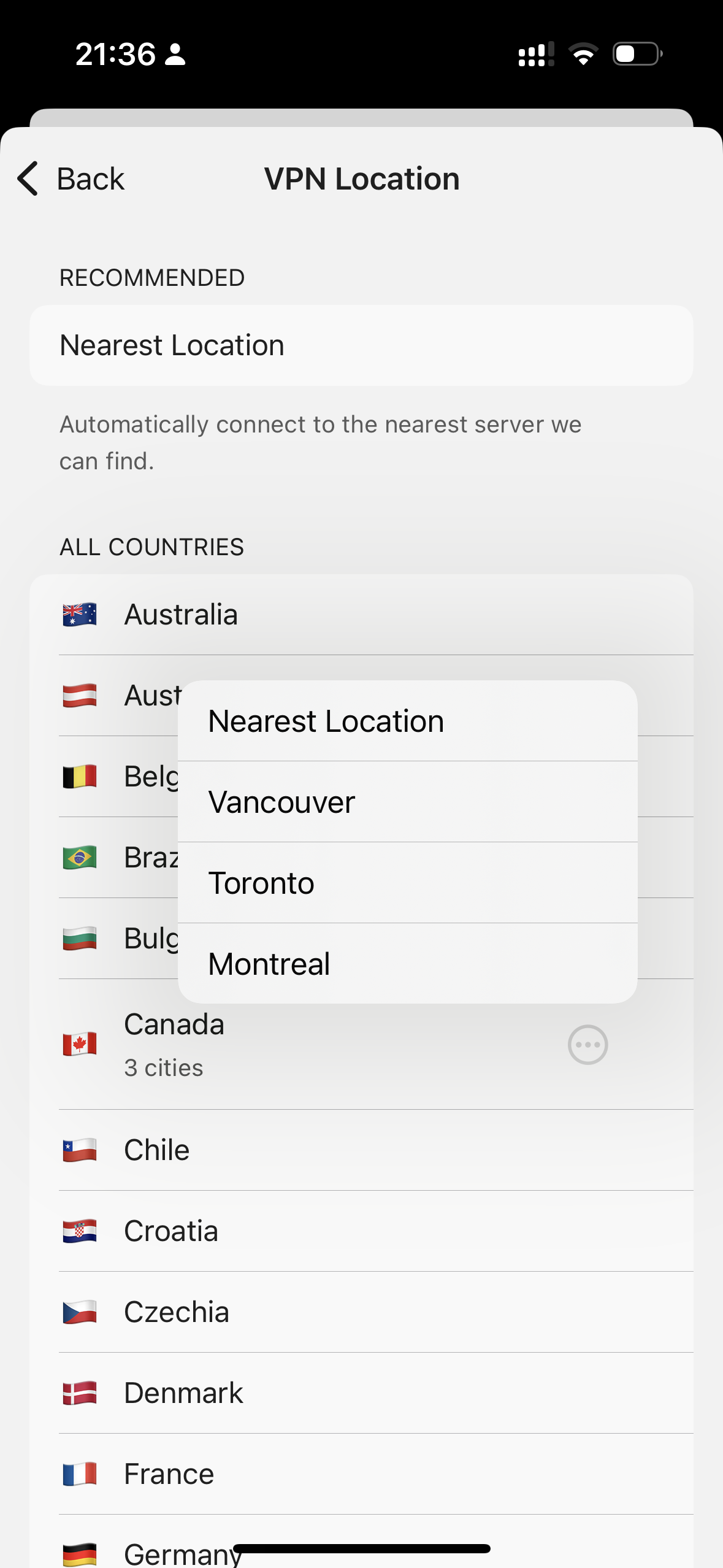 DuckDuckGo VPN Locations on iPhone