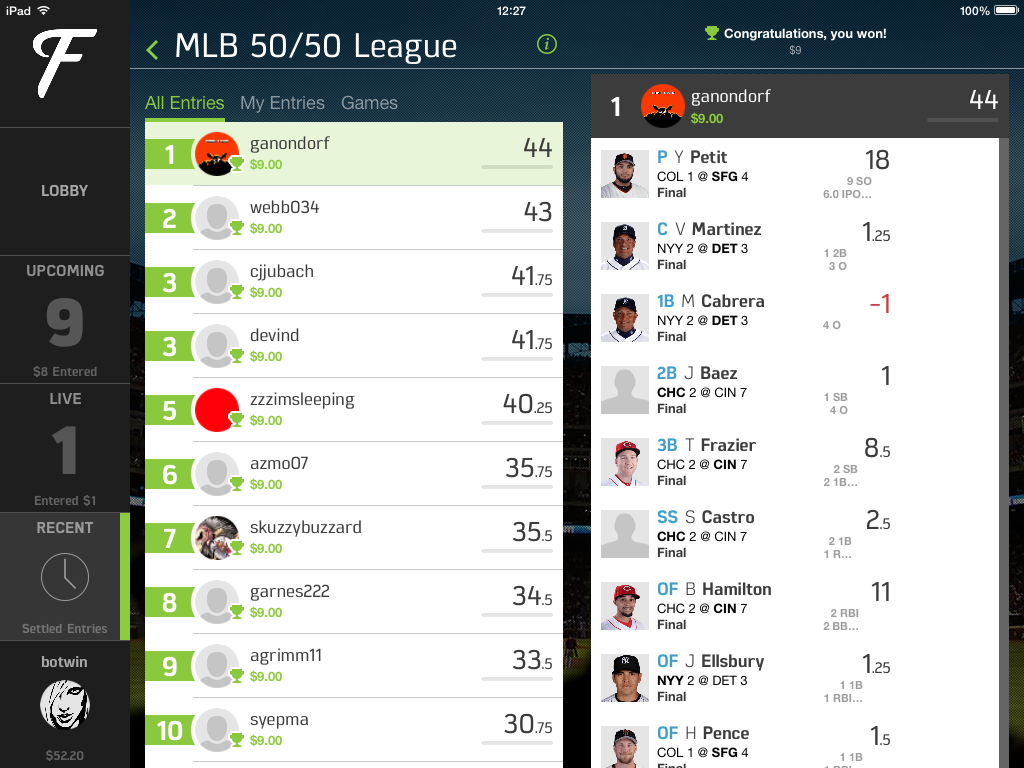 FanDuel recents on iPad