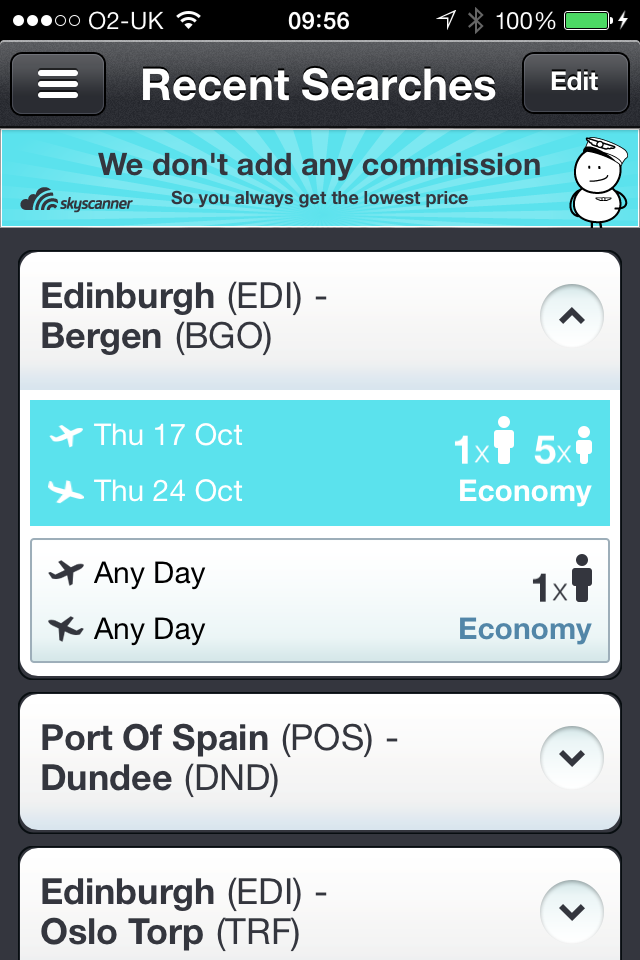 Skyscanner Recent Searches on iPhone
